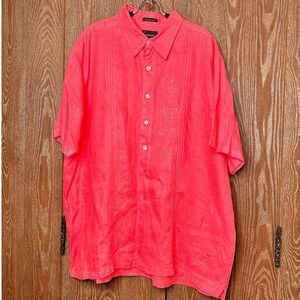 Luau 2XL Mens Coral Pink Linen Embroidered Short Sleeve Button Down Shirt Casual